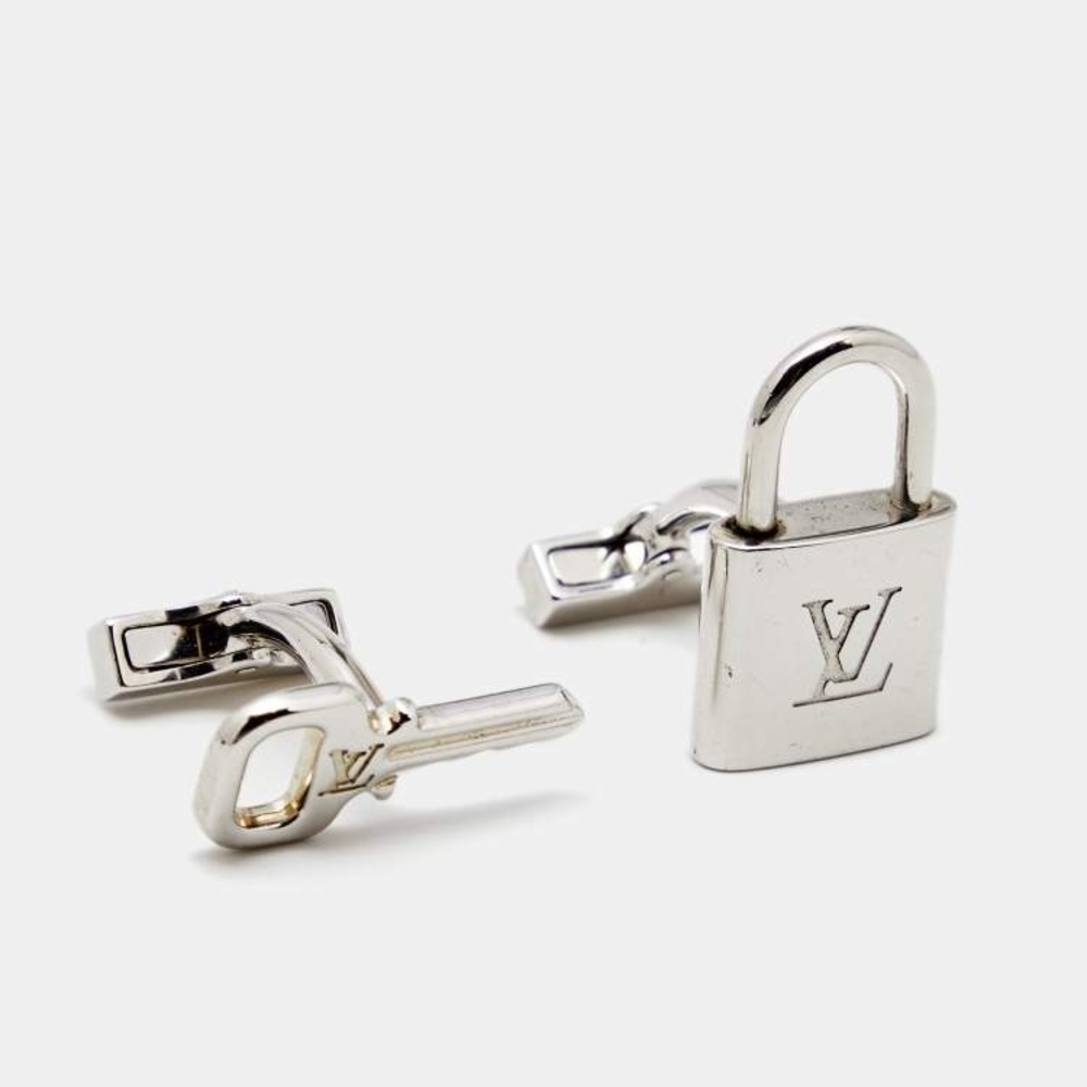 ☘️NEW Louis Vuitton Silver Lock & Key Cuff Links + Damier Ebene Case & Dust Bag - Picture 11 of 14